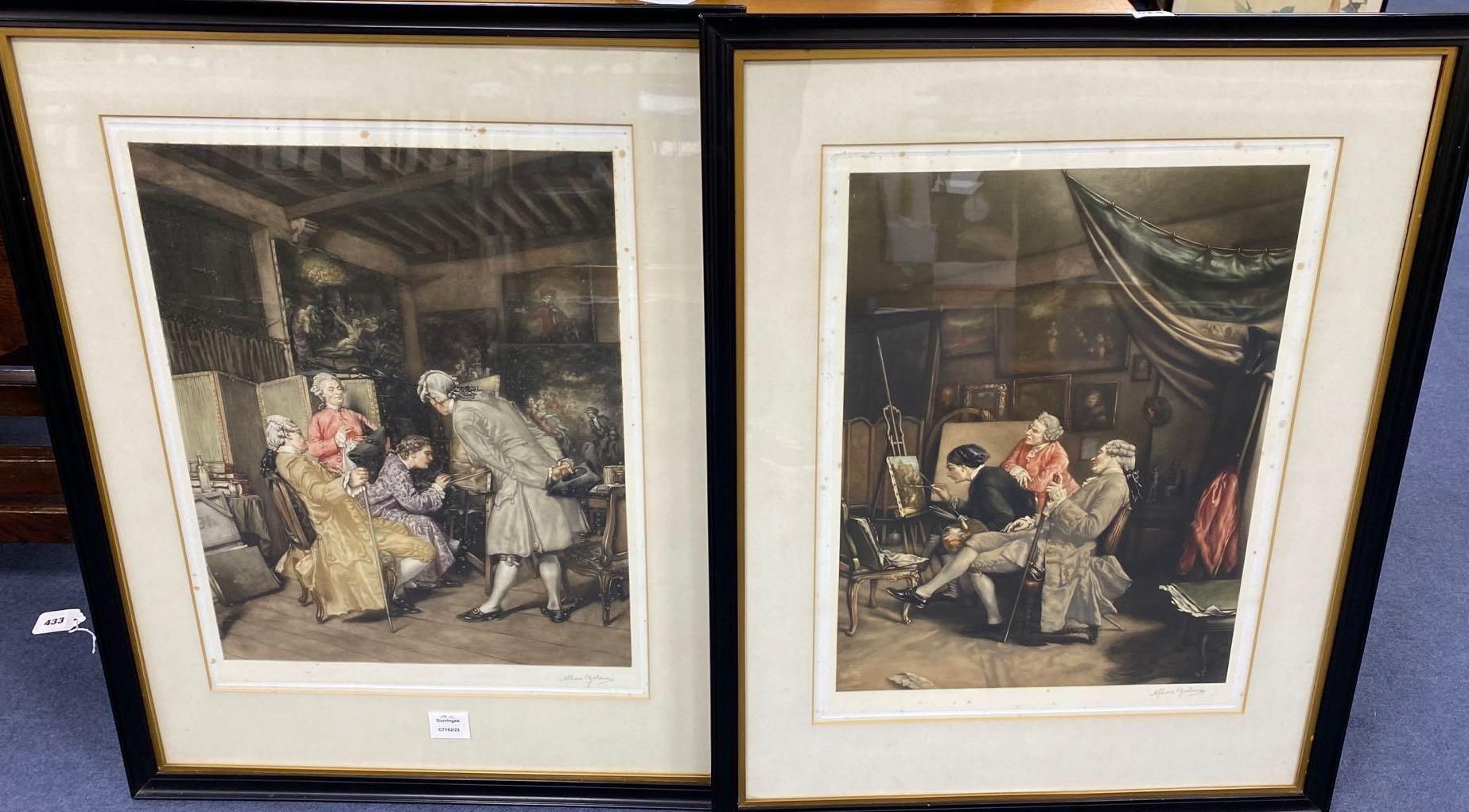 Albert Galain, pair of coloured mezzotints, Georgian interiors, A Painter in the Studio & The Art Lovers, signed in pencil, 54 x 40cm.